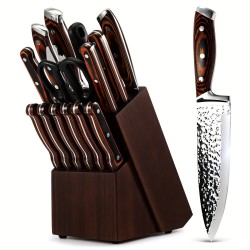 15-Piece Kitchen Knife Set with Wooden Block – Self-Sharpening Chef Knife Set, High Carbon Japanese Stainless Steel, Hammered Collection, Includes Steak Knives, Boxed Knife Set