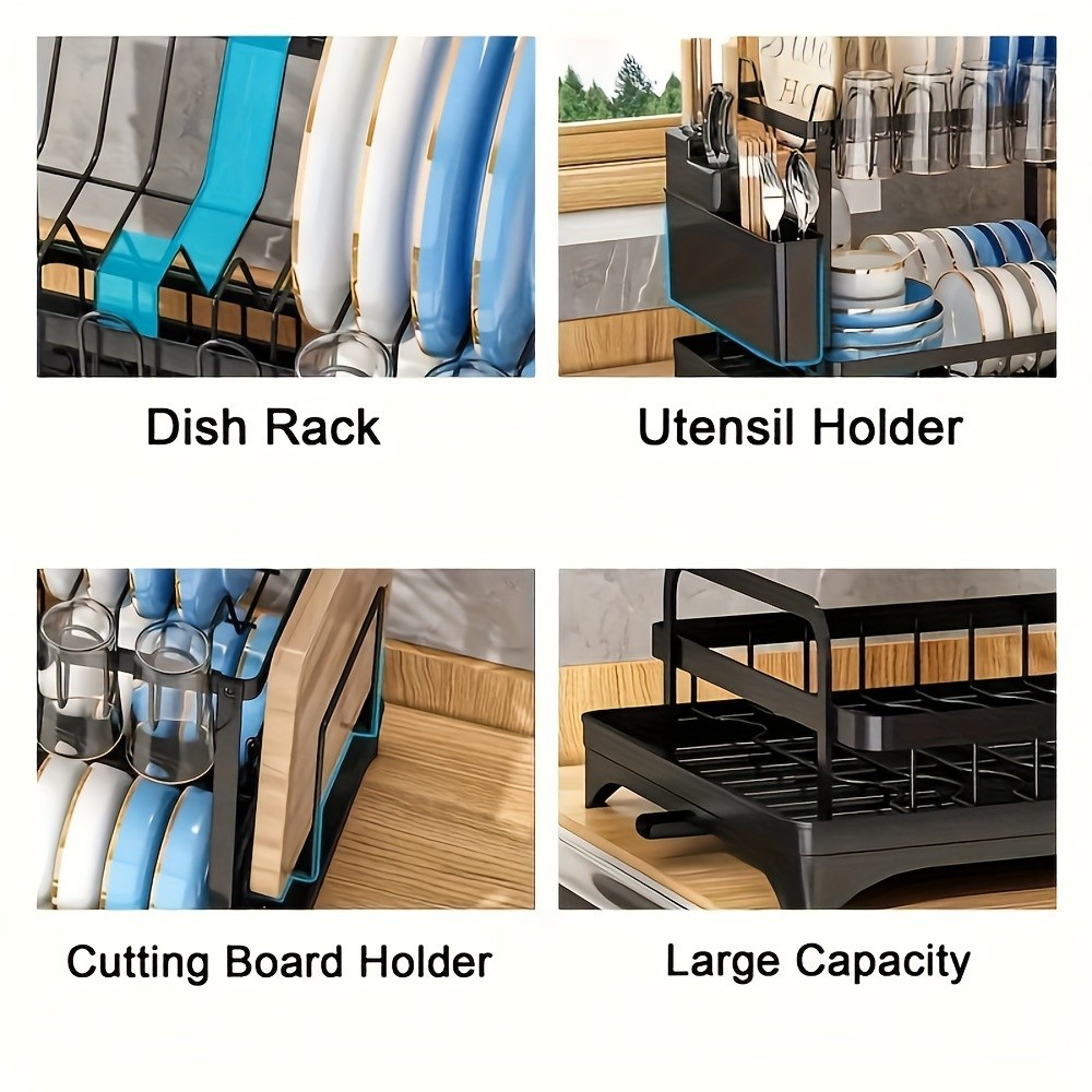 2-Tier Dish Rack with Utensil Holder – Rustproof Kitchen Dish Drying Rack with Drainboard for Kitchen Countertop