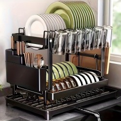 2-Tier Dish Rack with Utensil Holder – Rustproof Kitchen Dish Drying Rack with Drainboard for Kitchen Countertop