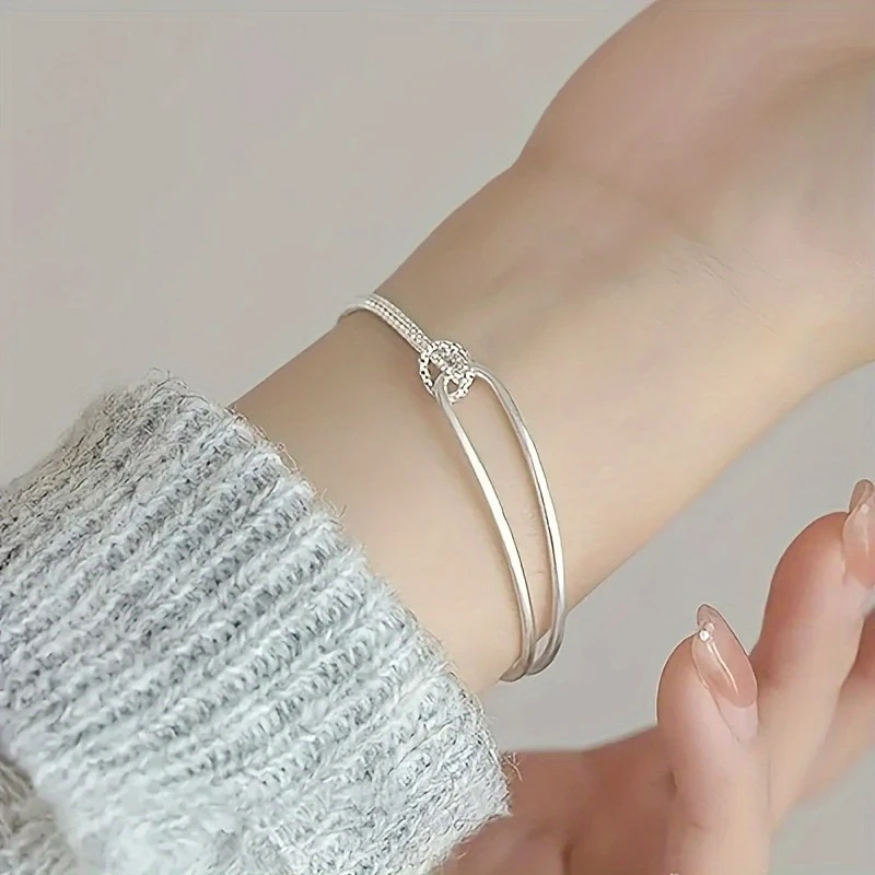 Elegant 925 Sterling Silver Half-Moon Bangle Bracelet with Sparkling Stones - Bohemian Style, Perfect Daily Accessory for Women, Ideal Gift for Valentine’s Day and Special Occasions