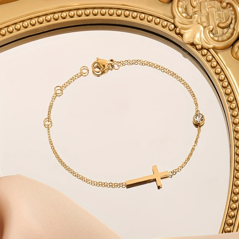 Simple Style Cross and Round Beads Stainless Steel Pendant Bracelet – Perfect for Young Ladies, Parties, and Gift for Friends