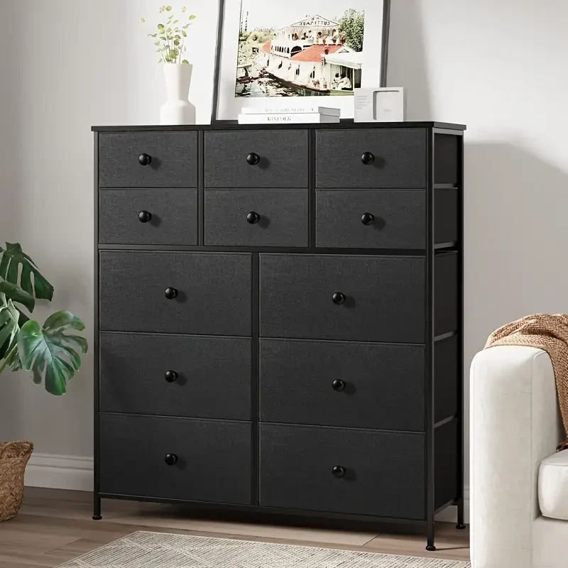 1pc Dressing Table with 12 Fabric Drawers – Large-Capacity Drawer Cabinet, Wooden Top, Steel Frame Storage Organizer for Bedroom, Closet, Hallway, and Living Room (Black)