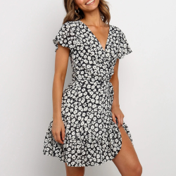 Floral Print Short-sleeved V-neck Casual Chiffon Dress