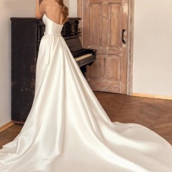 Satin Elegance: Backless High Waist Dress with Detachable Two-Way Trailing Design