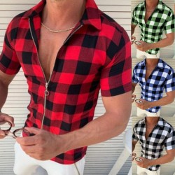 Summer Elegance: Men's Zippered Plaid T-Shirt with Short Sleeves