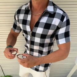 Summer Elegance: Men's Zippered Plaid T-Shirt with Short Sleeves