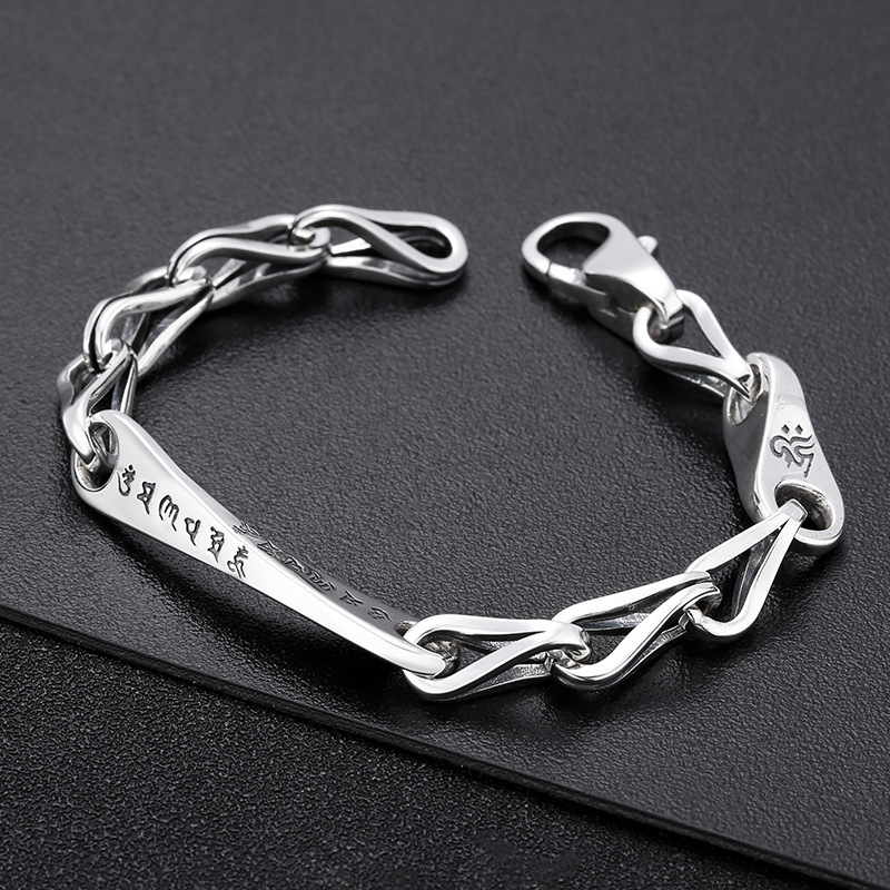 Pulsera de plata de ley 925 con seis palabras mantra, moderna y única.