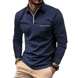 Men's Solid Zipper Lapel Breast Pocket Long Sleeve Polo Shirt