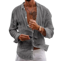 Men's casual solid color lapel cotton linen long-sleeved shirt