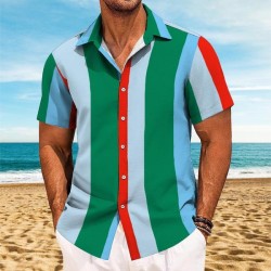 Men's Retro Color Block Lapel Shirt - Short Sleeve