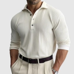 Men's Long Sleeve Polo Shirt - Stylish Solid Striped Lapel Design