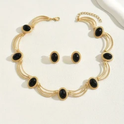 Vintage Style Black Oval Statement Necklace and Earrings Set