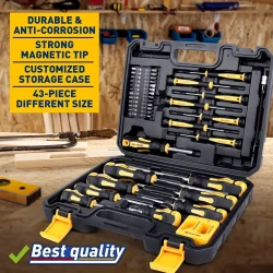 43-Piece Magnetic Screwdriver Kit with Box – Includes Slotted, Cross, Hex, Precision, and More