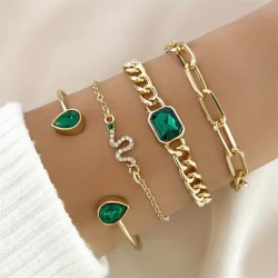 Vintage Style 4pcs Link Chain Bracelet Set with Green Rhinestones