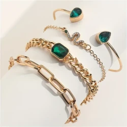 Vintage Style 4pcs Link Chain Bracelet Set with Green Rhinestones