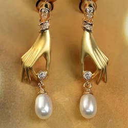 Faux Pearl Pendant Golden Hand Design Dangle Earrings