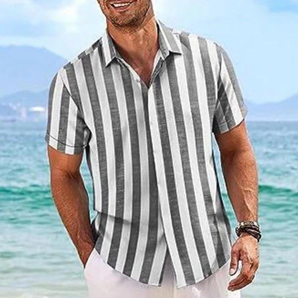 Men's Casual Striped Lapel Short Sleeve Shirt