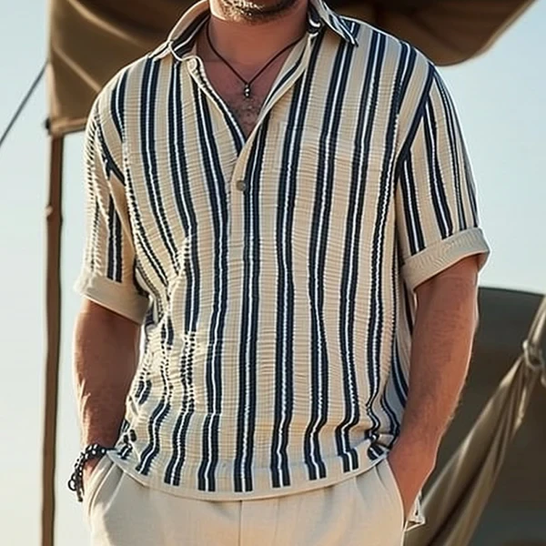 Men's Striped Lapel V-neck Short Sleeve Shirt