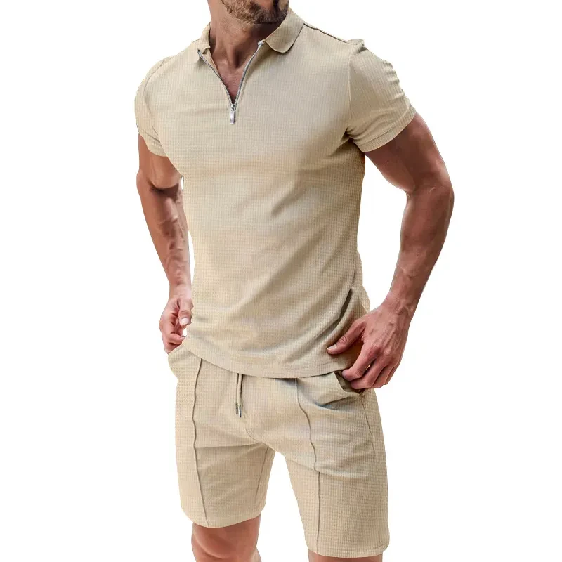 Men's 2-Piece Waffle Knit Zipper Suit with Drawstring Shorts