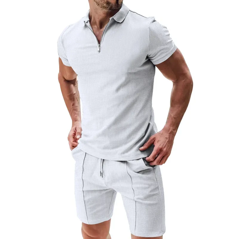 Men's 2-Piece Waffle Knit Zipper Suit with Drawstring Shorts