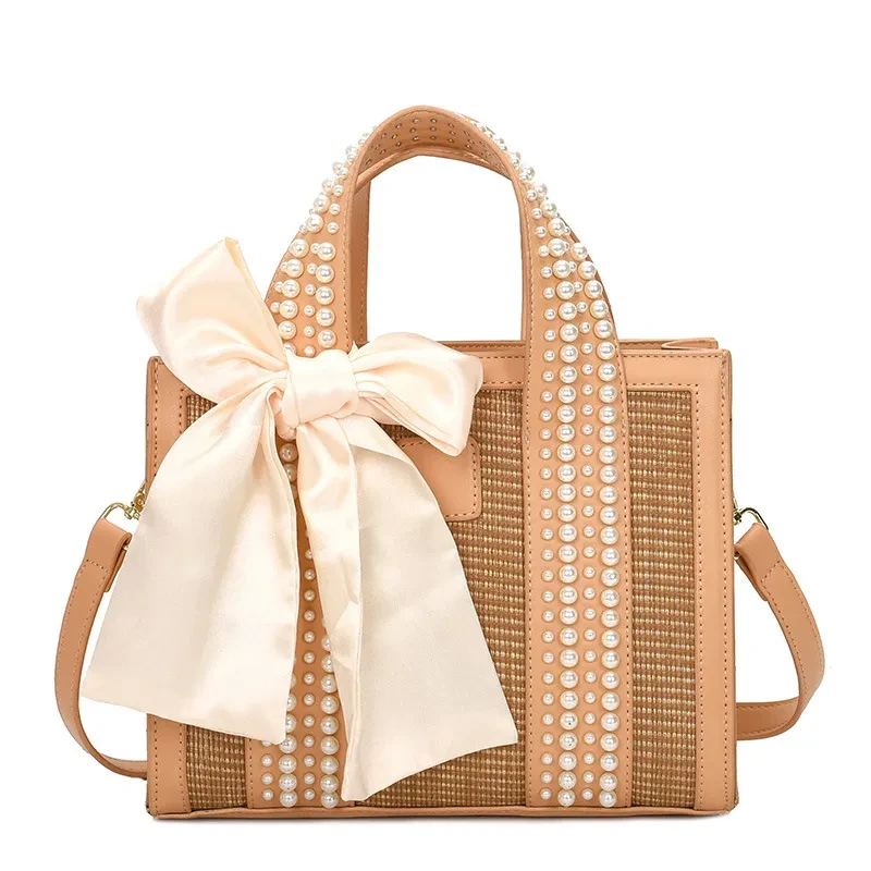 Travel Trendy Fashion Hand-Woven Pearl Hand-Held Small Square Bag