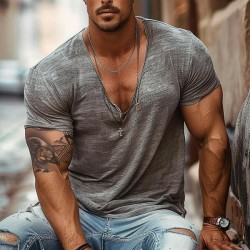 Men's Retro Thin Round V-Neck Casual T-Shirt