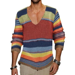 Rainbow Stripe V-Neck Knit Sweater