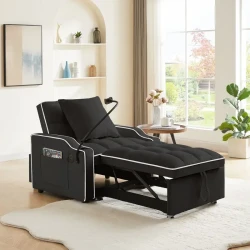 3 in 1 Convertible Sleeper Sofa Chair Bed with Adjustable Backrest, Phone Holder, and USB Type-C - Black