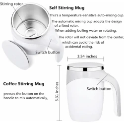 Electric Magnetic Stirring Coffee Mug - Self Mixing Stainless Steel Travel Cup (12 oz, White)