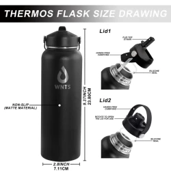 Insulated Stainless Steel Water Bottle with Straw and Brush - 40oz/60oz, Double Wall, 2 Lids, with Carrying Pouch and Loop