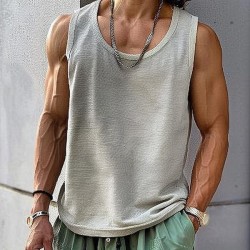 Men's Casual Cotton Linen Blended Round Neck Tank Top