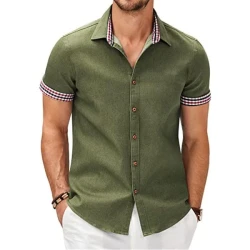 Check Print Stitching Lapel Short Sleeve Shirt