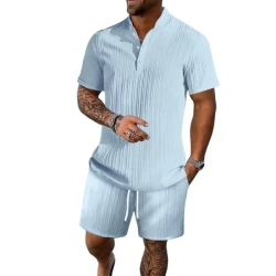 Stand Collar Short-Sleeved Shirt And Shorts Set