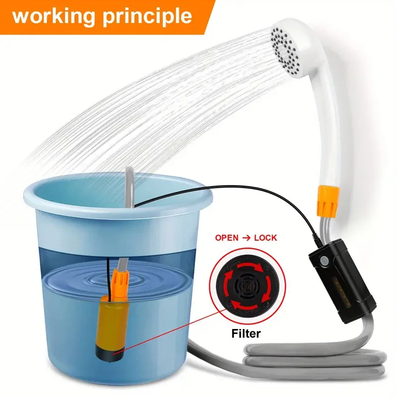 USB Rechargeable Portable Camping Shower Pump - Steady Water Flow from Bucket - Perfect for Travel and Camping