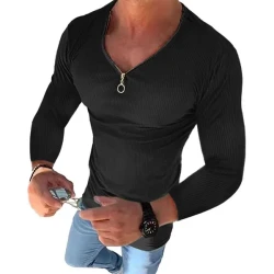 Men's V Neck Long Sleeve Solid Color T-Shirt