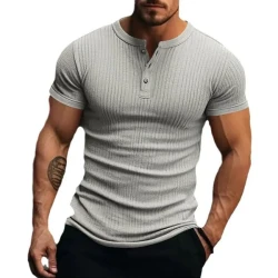 Men's Casual Stretch Knit Short Sleeve Henley T-Shirt