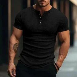 Men's Casual Stretch Knit Short Sleeve Henley T-Shirt