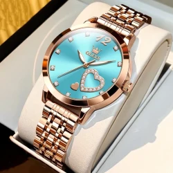 OLEVS Women's Heart Diamond Quartz Watch, Rose Gold Stainless Steel Luxury Wristwatch