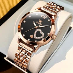 OLEVS Women's Heart Diamond Quartz Watch, Rose Gold Stainless Steel Luxury Wristwatch