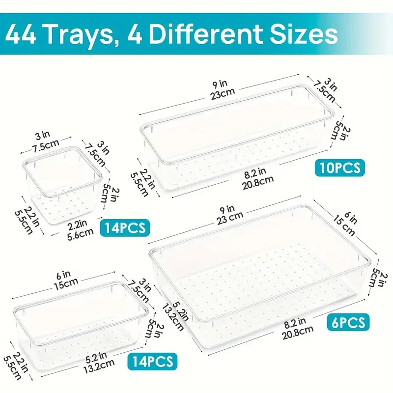 44pcs Clear Plastic Drawer Organizers Set - 4-Size Versatile Organizer Trays