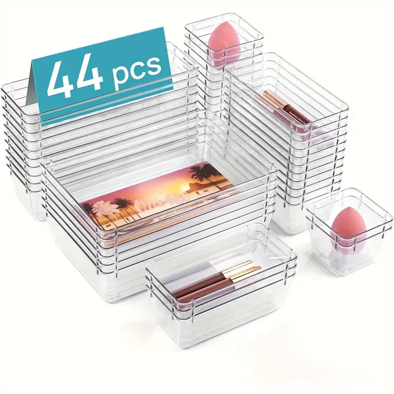 44pcs Clear Plastic Drawer Organizers Set - 4-Size Versatile Organizer Trays