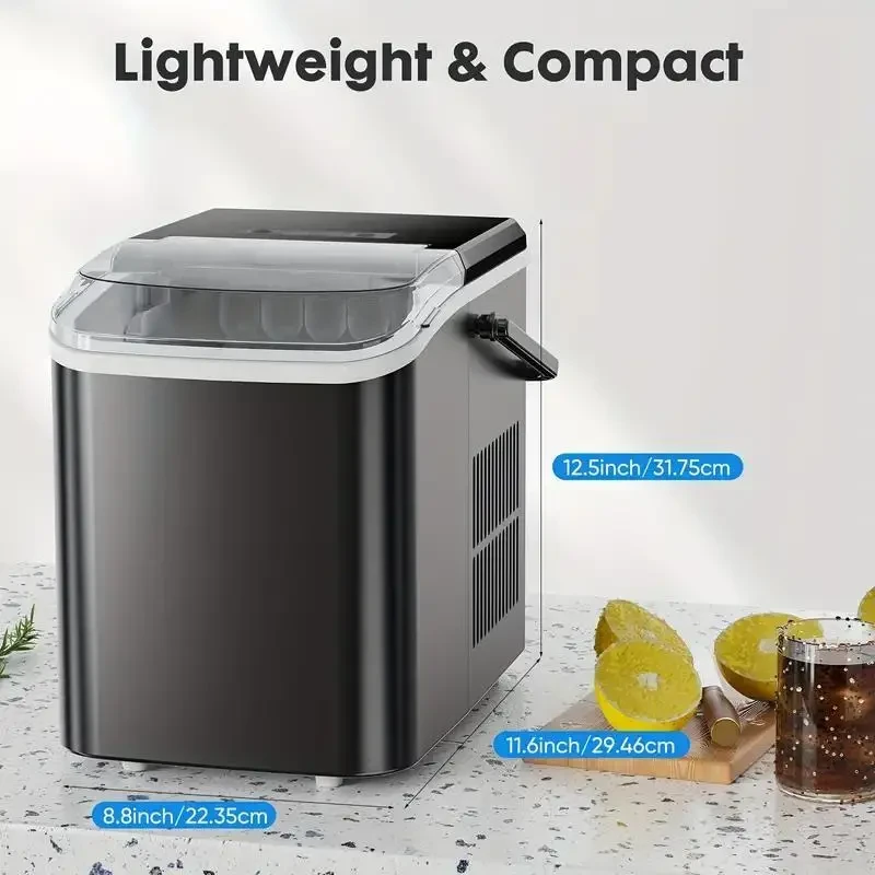DUMOS Portable Countertop Ice Maker - Self-Cleaning, 9 Cubes in 6 Mins, 26.5lbs/24Hrs, with Ice Scoop, Basket, and Handle