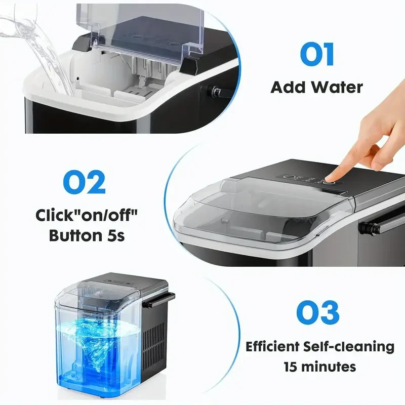 DUMOS Portable Countertop Ice Maker - Self-Cleaning, 9 Cubes in 6 Mins, 26.5lbs/24Hrs, with Ice Scoop, Basket, and Handle