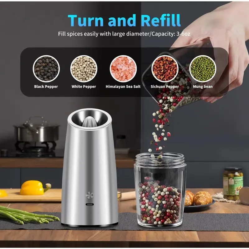 USB Rechargeable Salt and Pepper Grinder Set - Electric Mill with Adjustable Coarseness and LED Light