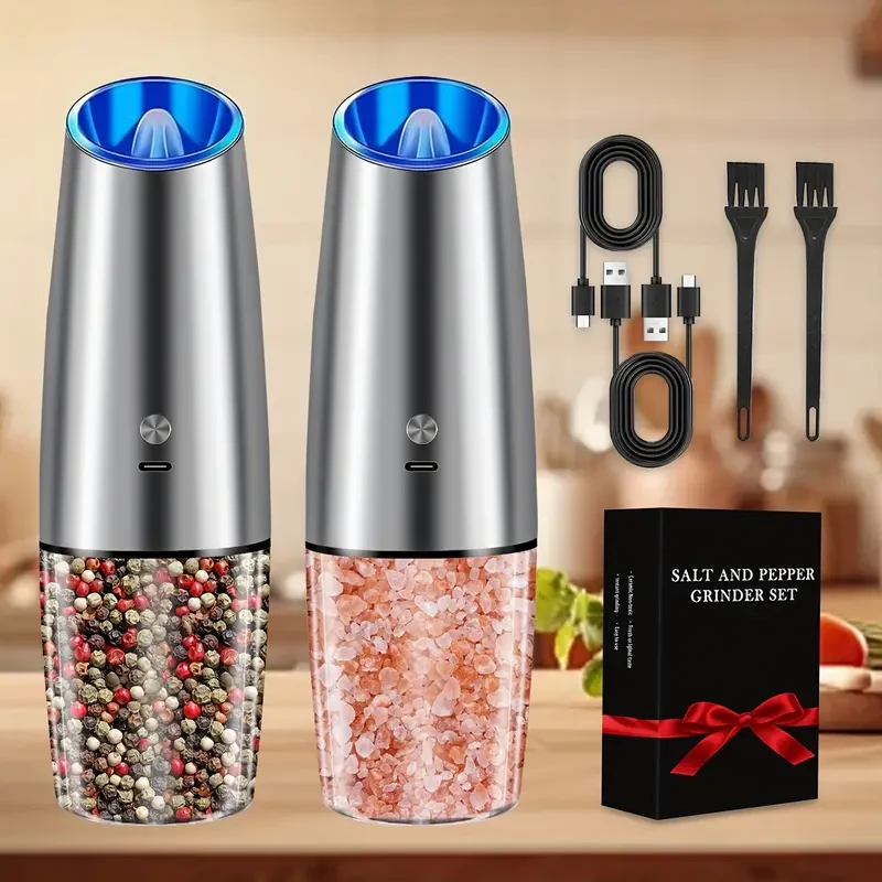 USB Rechargeable Salt and Pepper Grinder Set - Electric Mill with Adjustable Coarseness and LED Light