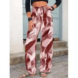 Leaf Print Drawstring Beach Pants