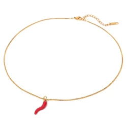 18K Gold Plated Stainless Steel Necklace with Red Enamel Chili Pepper Pendant