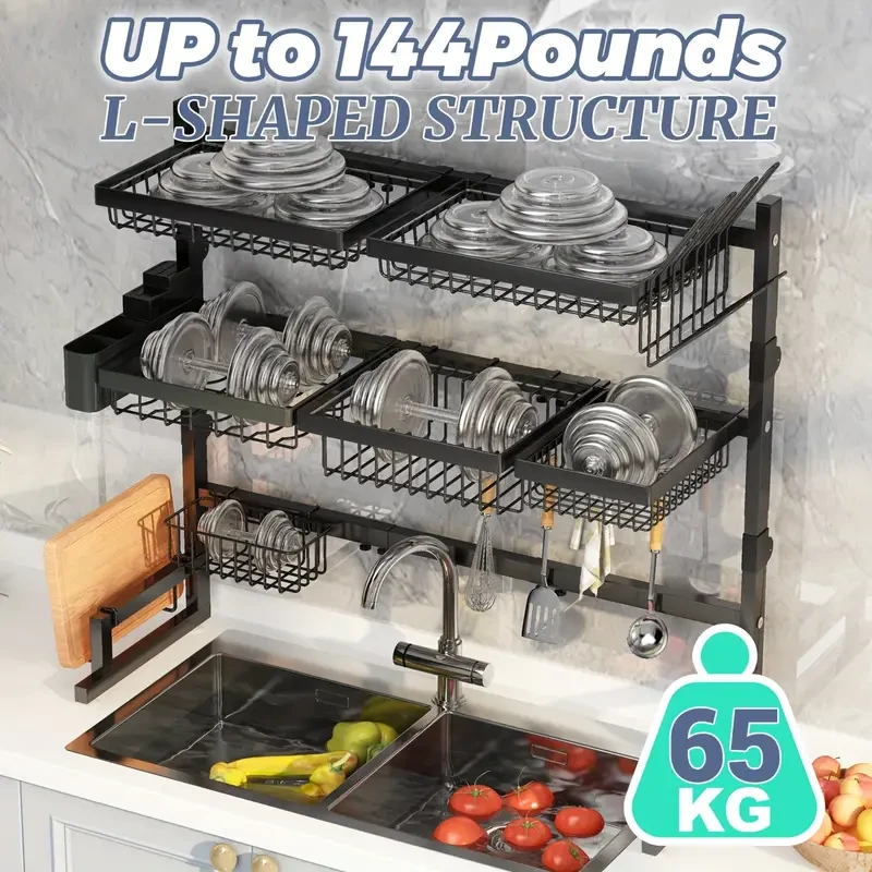 Three-Tier Kitchen Storage Rack - Spacious Sink Rack with Bowl Plate Warehouse, Knife Holder, and Retractable Adjustment