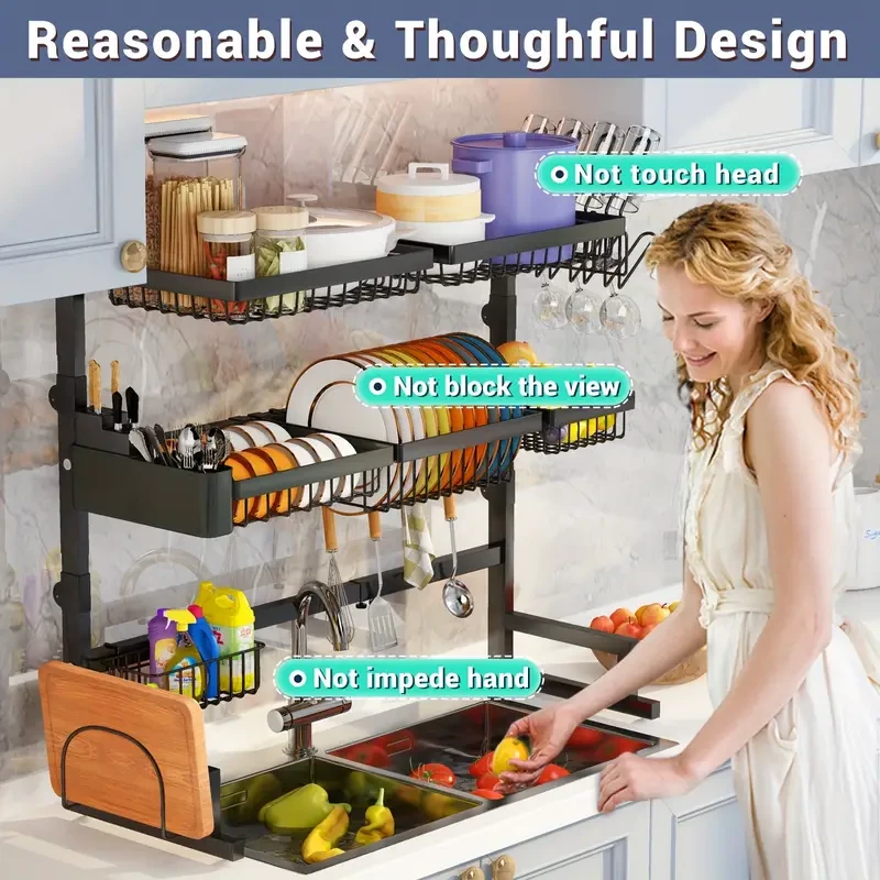 Three-Tier Kitchen Storage Rack - Spacious Sink Rack with Bowl Plate Warehouse, Knife Holder, and Retractable Adjustment