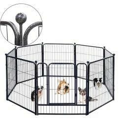 8-Piece Silver Hammered Metal Dog Playpen - Durable, Non-Slip, Weatherproof Yard Barrier with Automatic Lock